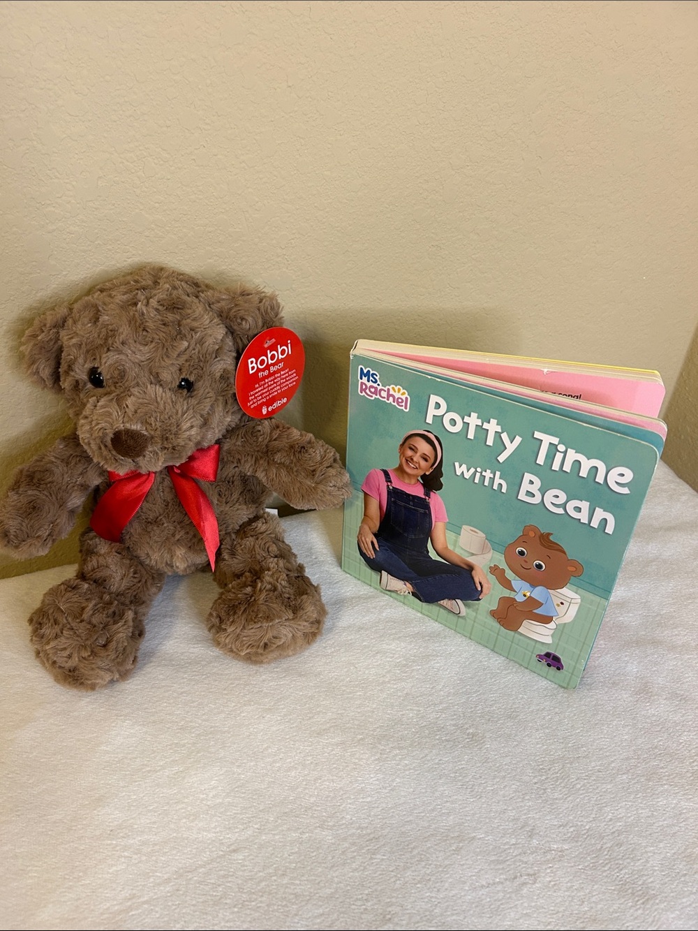 Bobbi Plush Teddy Bear with Red Bow - Kids Toy and Ms Rachel Potty Time Book
